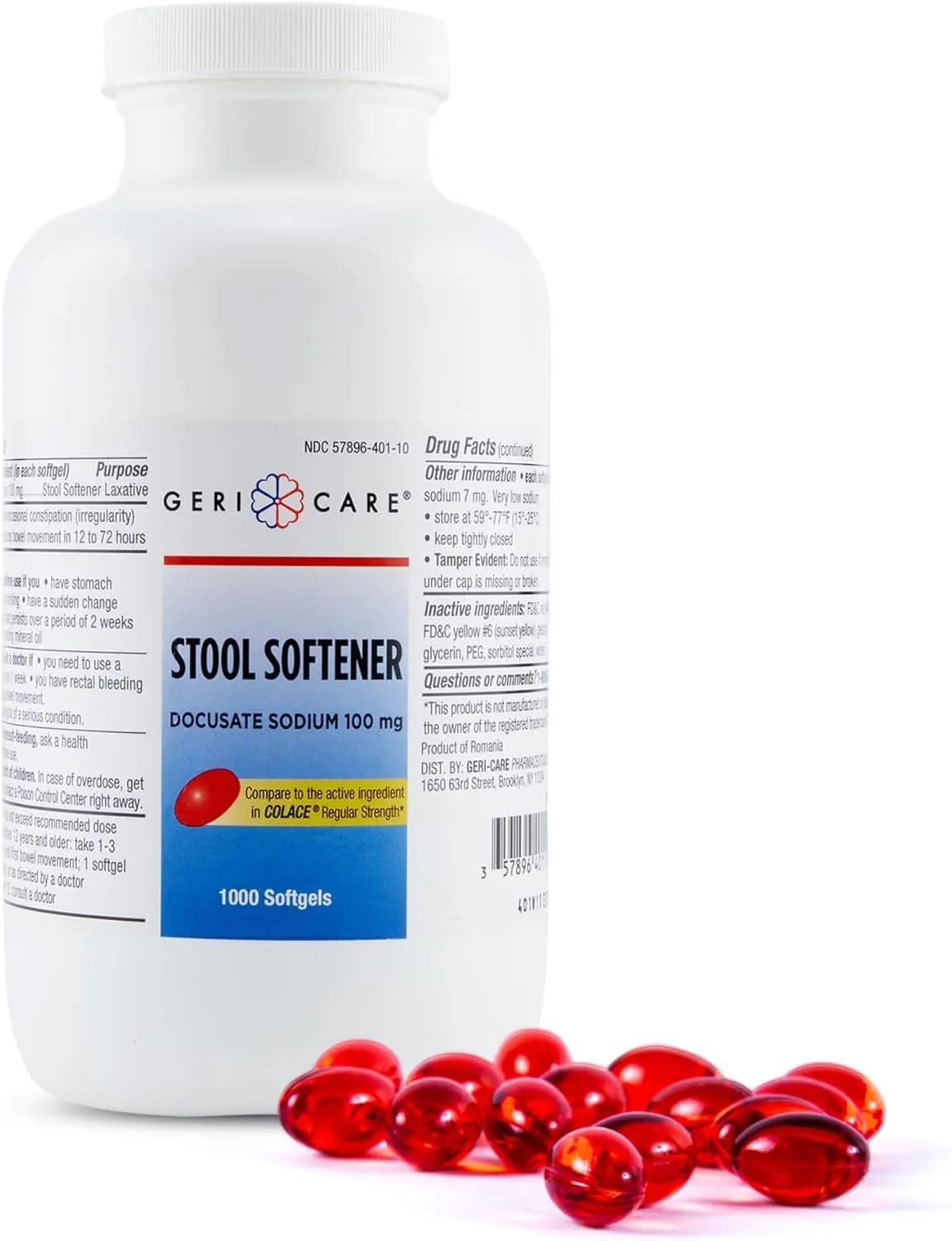 GeriCare Docusate Sodium Stool Softener 100mg | 1000 Gel Caps for Constipation Relief - main product image