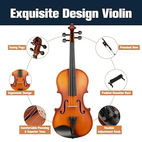 Mendini by Cecilio 1/4 Violin Set with Case, Bow, Rosin, Shoulder Rest & Extra Strings | Hand Carved Solid Wood Beginner Violin Kit thumbnail 5