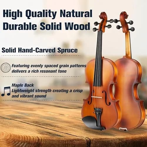 Mendini by Cecilio 1/4 Violin Set with Case, Bow, Rosin, Shoulder Rest & Extra Strings | Hand Carved Solid Wood Beginner Violin Kit thumbnail 2