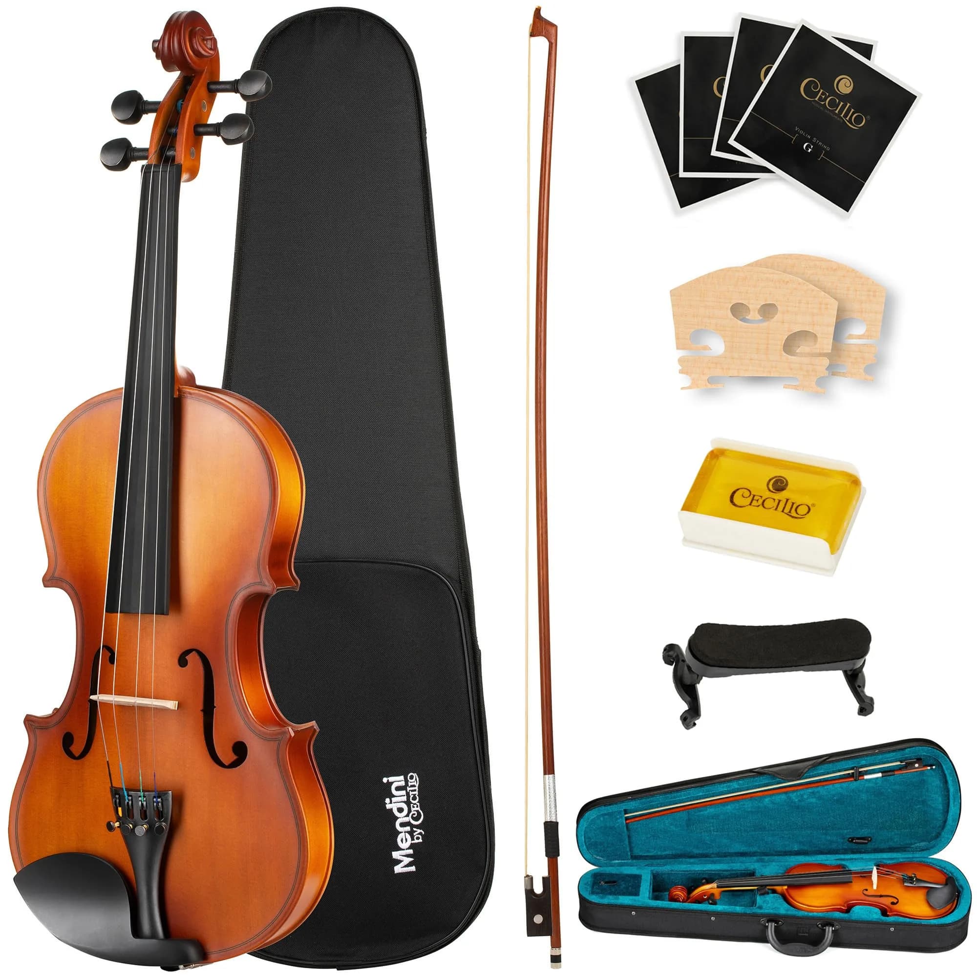 Mendini by Cecilio 4/4 Satin Antique Violin Outfit - Hand-Carved Solid Wood Beginner Violin Kit - main product image