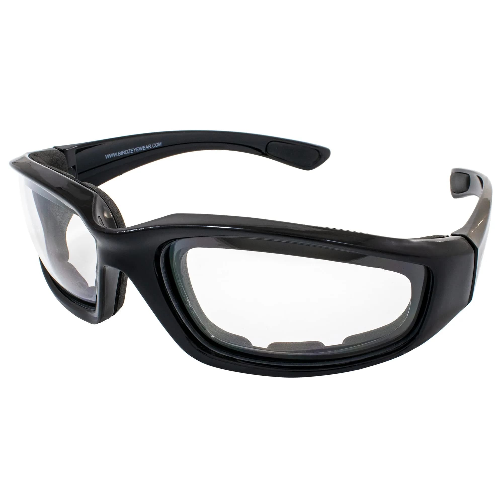 Birdz Eyewear Oriole Padded Motorcycle Glasses (Black Frame/Smoke Lens) | Shatterproof Anti-Fog Polycarbonate — Black Frame/Clear Lens