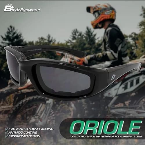 Birdz Eyewear Oriole Padded Motorcycle Glasses (Black Frame/Smoke Lens) | Shatterproof Anti-Fog Polycarbonate thumbnail 5