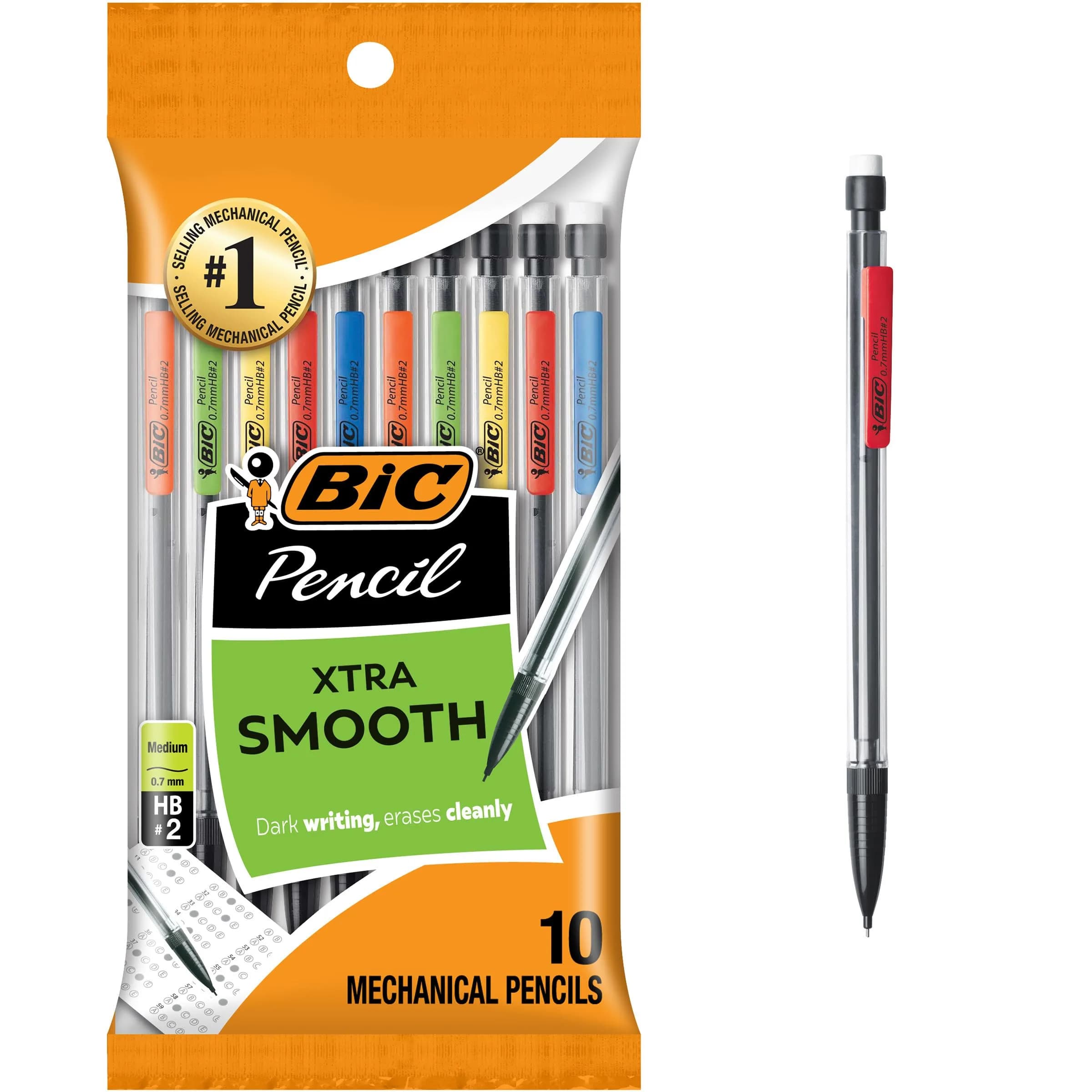 BIC Xtra-Smooth Mechanical Pencils with Erasers, Medium Point (0.7mm), 10-Count Pack | Smooth Writing for School & Office