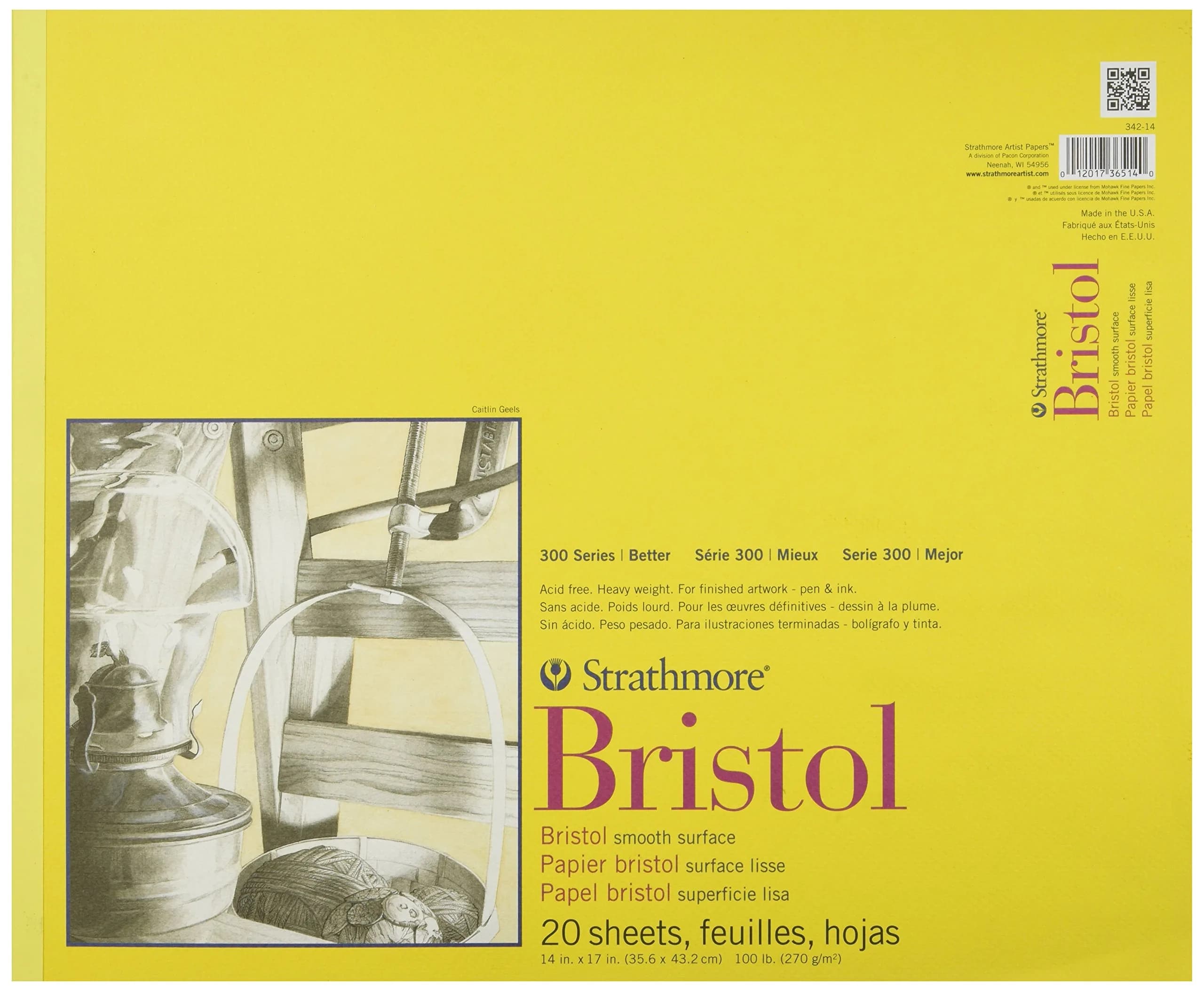 Strathmore 300 Series Bristol Paper Pad, Smooth, Tape Bound, 38.1cm x 43.2cm (14x17 inches), 20 Sheets (100lb/270g) | Artist Paper for Markers, Pen & Ink