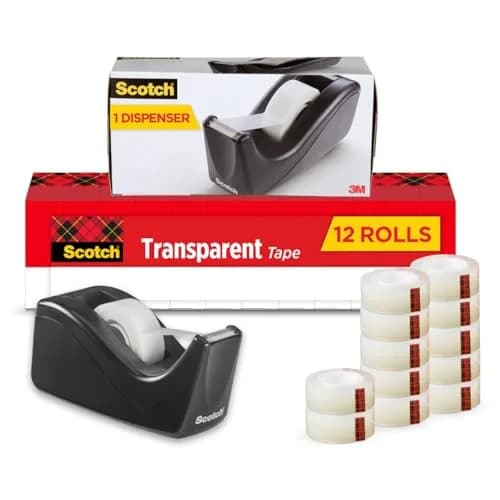 Scotch Transparent Tape with C60 Desktop Dispenser, 3/4 x 1000 Inches | Classic Glossy Finish, 12 Rolls + Dispenser thumbnail 1