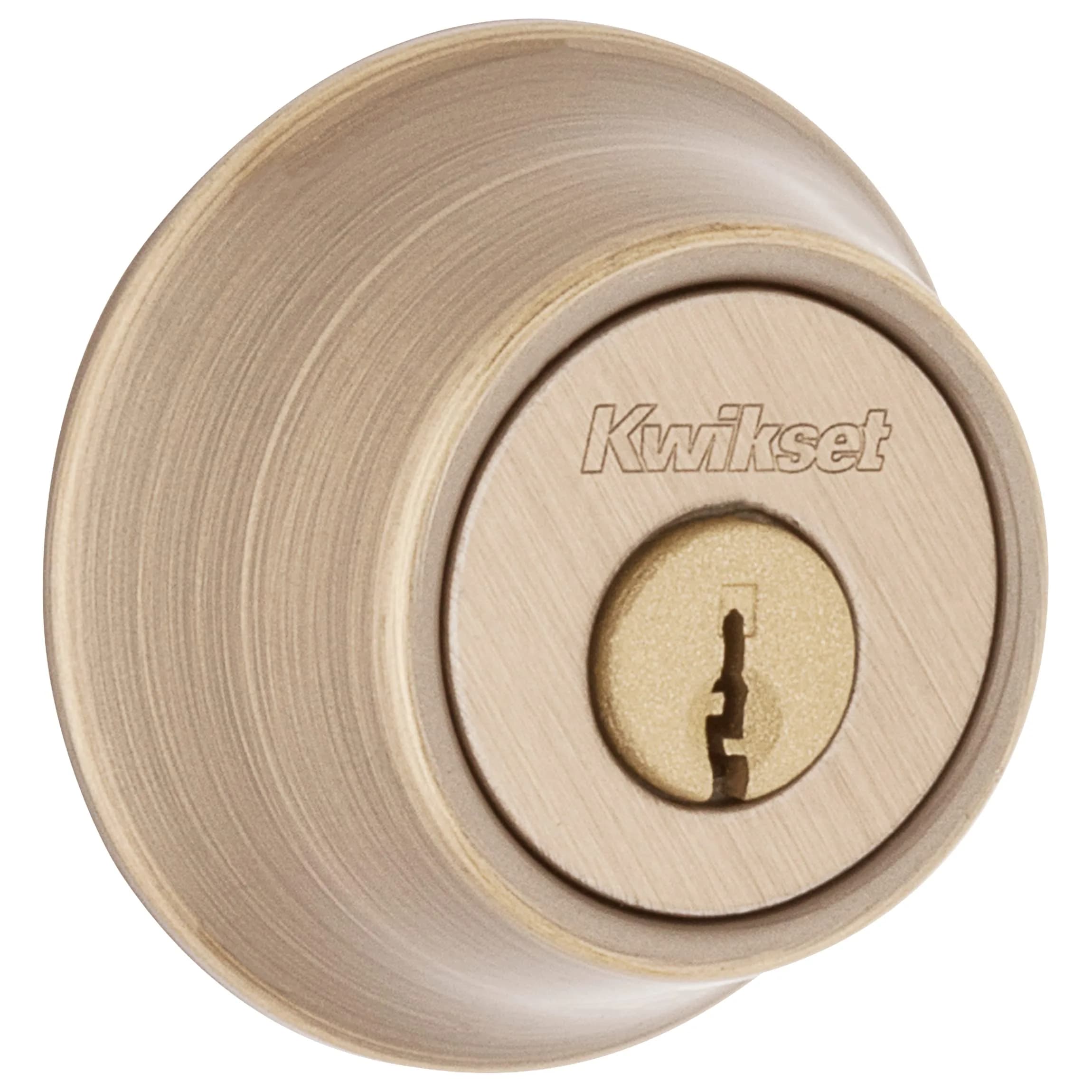 Kwikset 660 Single Cylinder Deadbolt Lock, Satin Chrome Round Exterior Keyed Front Entry Door, 0.67 lb (0.30 kg) | BHMA Grade 3 Certified Security — Antique Brass