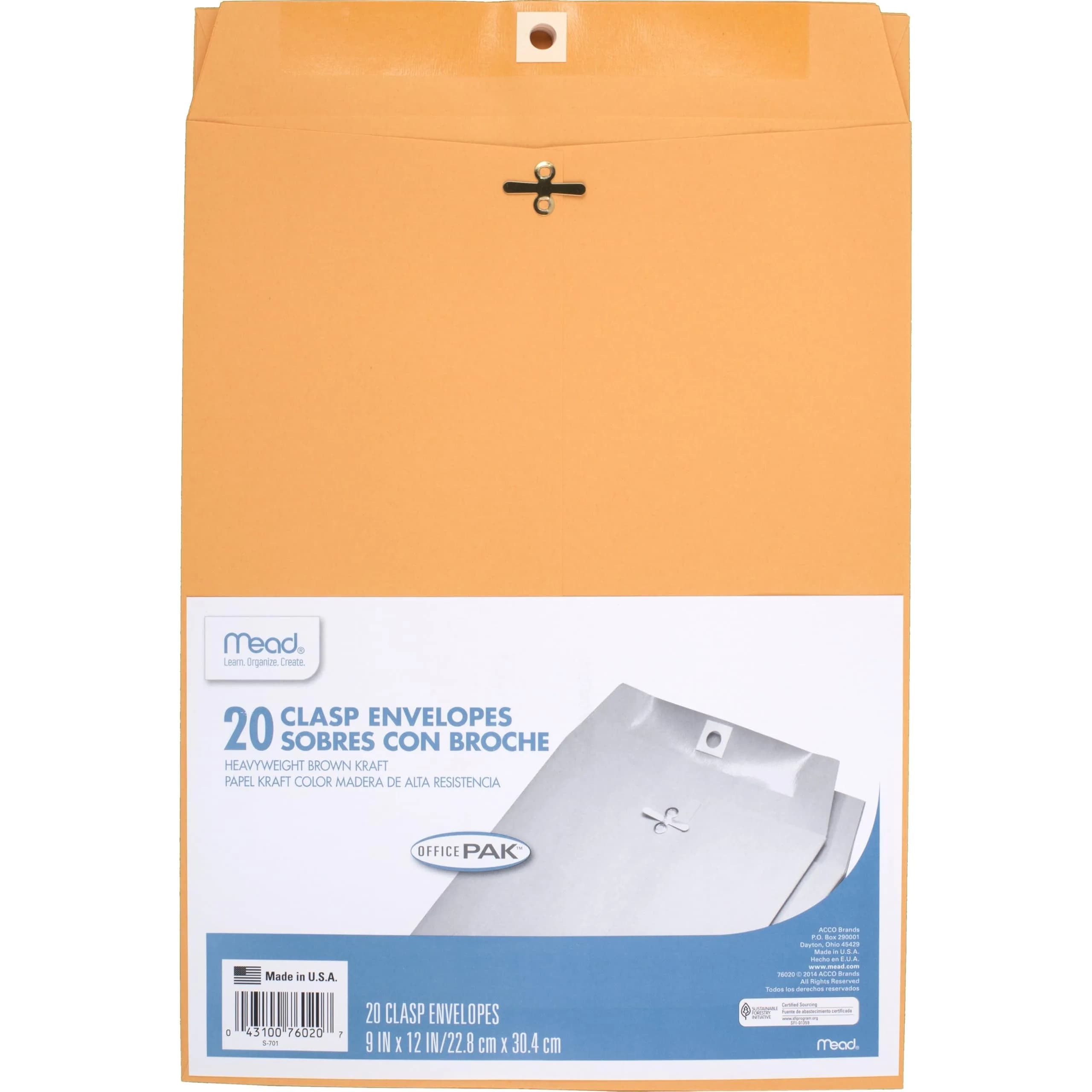 Mead Clasp Envelopes 9" x 12" (22.9cm x 30.5cm) | Heavyweight Brown Kraft Paper Mailing Envelopes, 20 Count - main product image