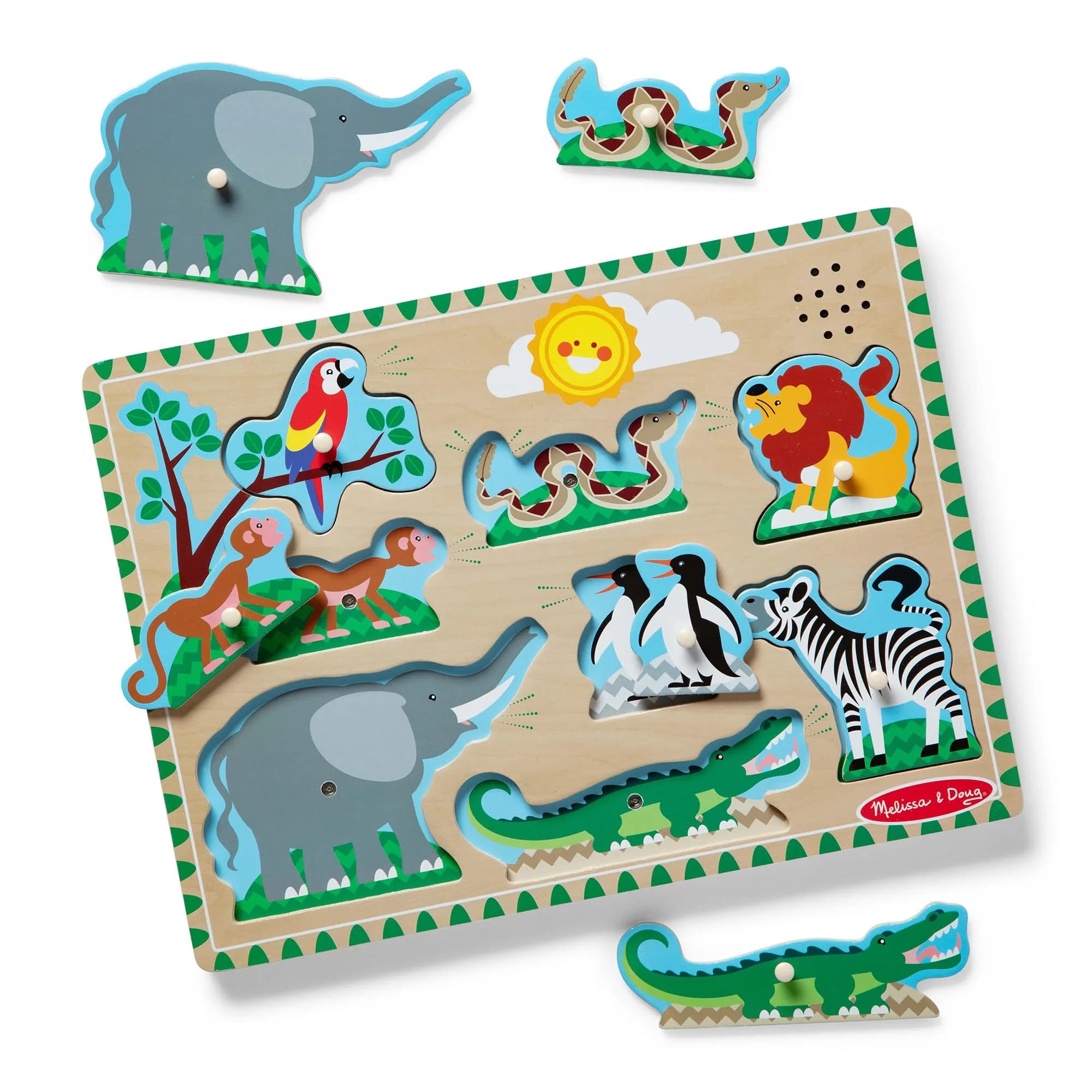 Melissa & Doug Zoo Animals Sound Puzzle 8-Piece Wooden Peg Puzzle with Light-Activated Sounds | Educational Toy for Toddlers and Preschoolers Ages 2+