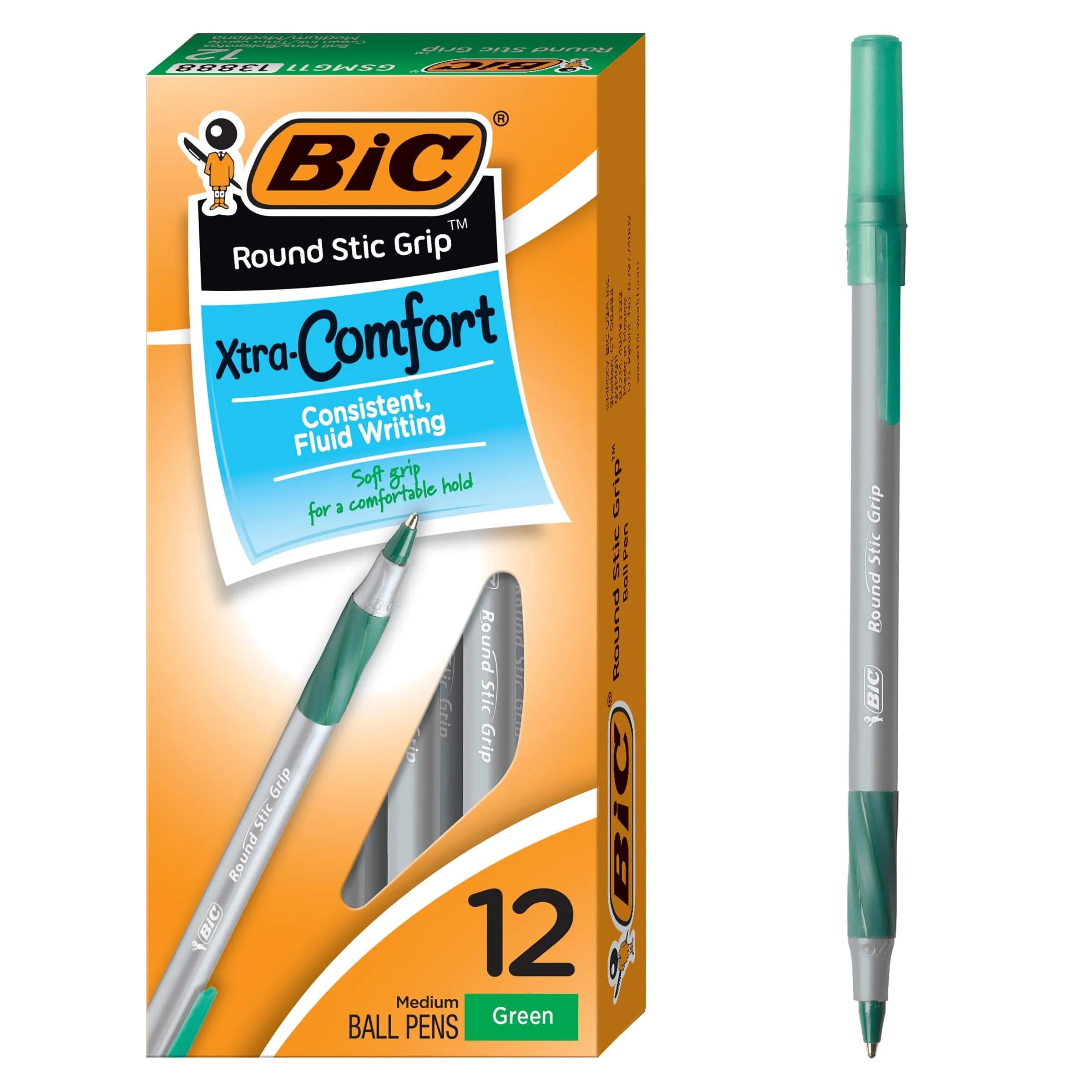 BIC Round Stic Grip Xtra-Comfort Medium Ball Point Pen, Green, 12-Pack | Smooth Ink Flow Writing Instrument - main product image