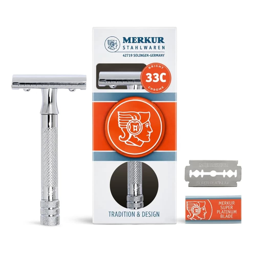 MERKUR 33C Double Edge Safety Razor, 3-Piece Design, Closed Comb, Short Handle, Bright Chrome Finish | Precision Wet Shaving