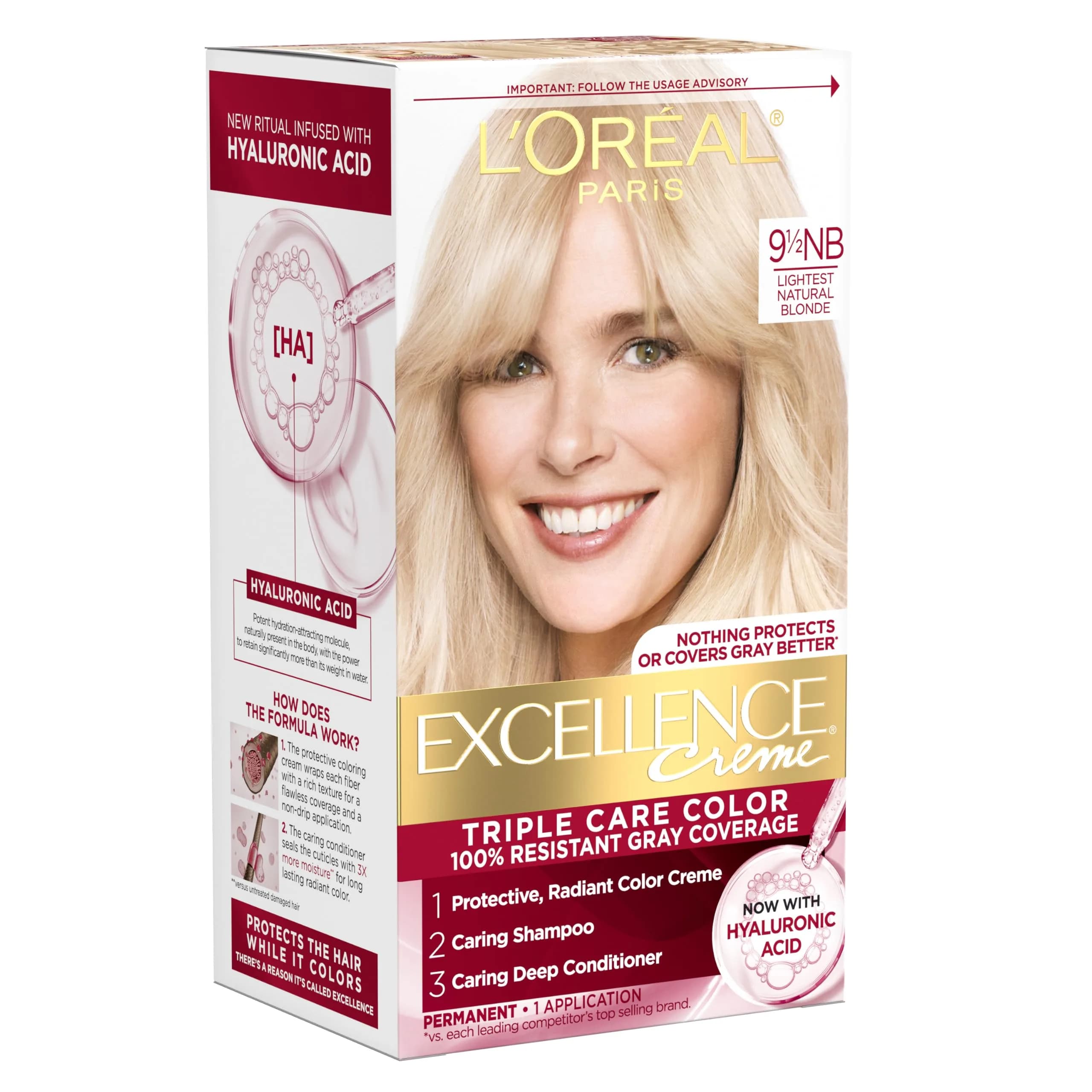 L'Oreal Paris Excellence Crème Permanent Hair Dye Medium Blonde | Triple Care Color with Hyaluronic Acid for 100% Gray Coverage — Lightest Natural Blonde