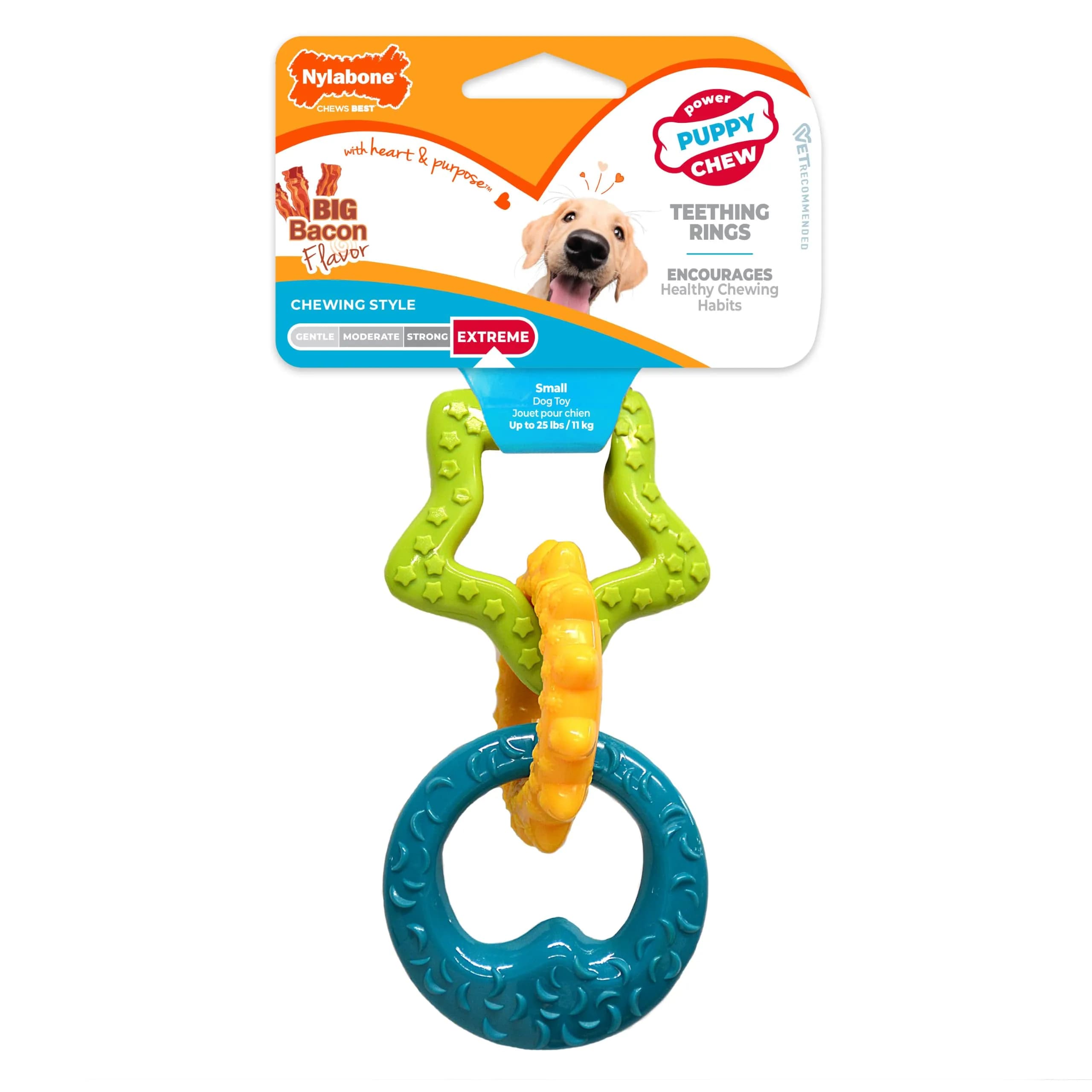 Nylabone Puppy Pacifier Chew Toy, Teething Toy for Puppies up to 25 lbs | Bacon Flavored, Soft Material, Textured Nubs — Small