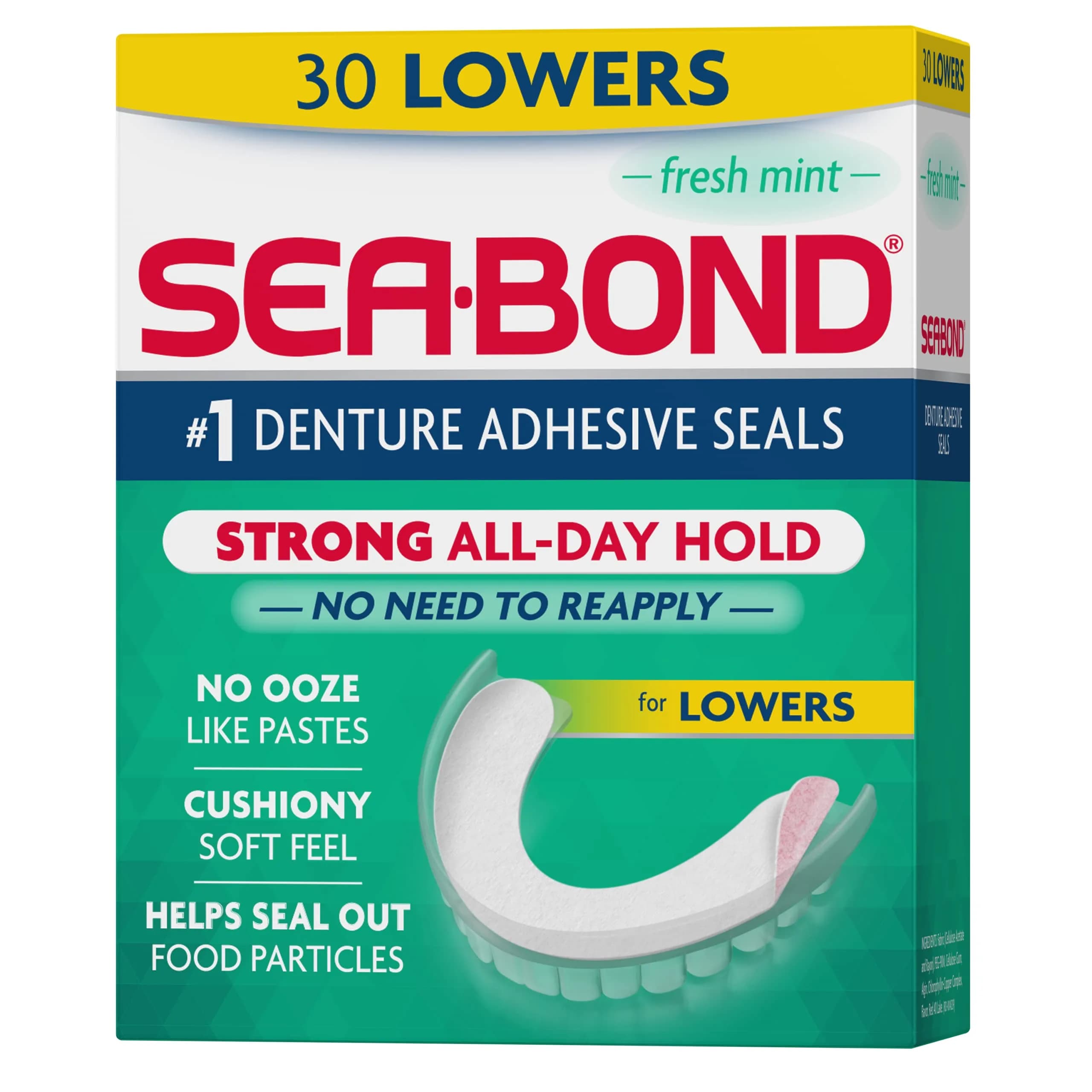 Sea-Bond Fresh Mint Denture Adhesive Seals for Uppers, 30 Count (1 Pack) | Zinc-Free All-Day Hold — Lowers