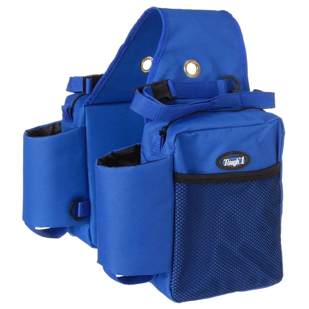 Tough 1 Saddle Bag with Bottle Holders - Royal Blue 12" x 13" x 2.5" | Durable Nylon Equestrian Pack