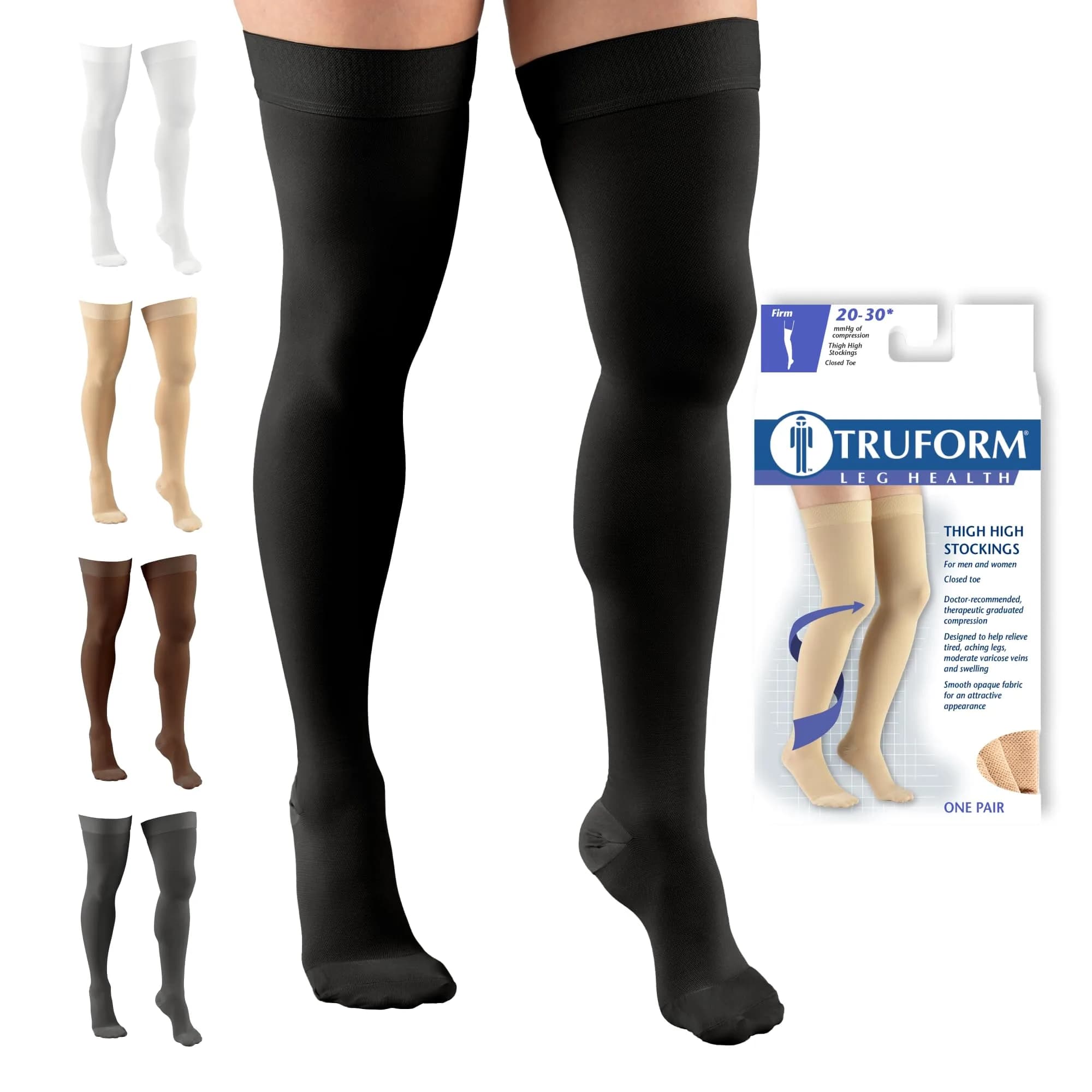 Truform 20-30 Mmhg Compression Stockings for Men & Women | Thigh High, Dot Top, Closed Toe, Black, Large - main product image