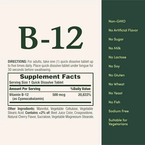 Nature's Bounty Vitamin B12 Quick Dissolve Tablets 500mcg (100 Count) | Supports Energy Metabolism and Nervous System Health thumbnail 5