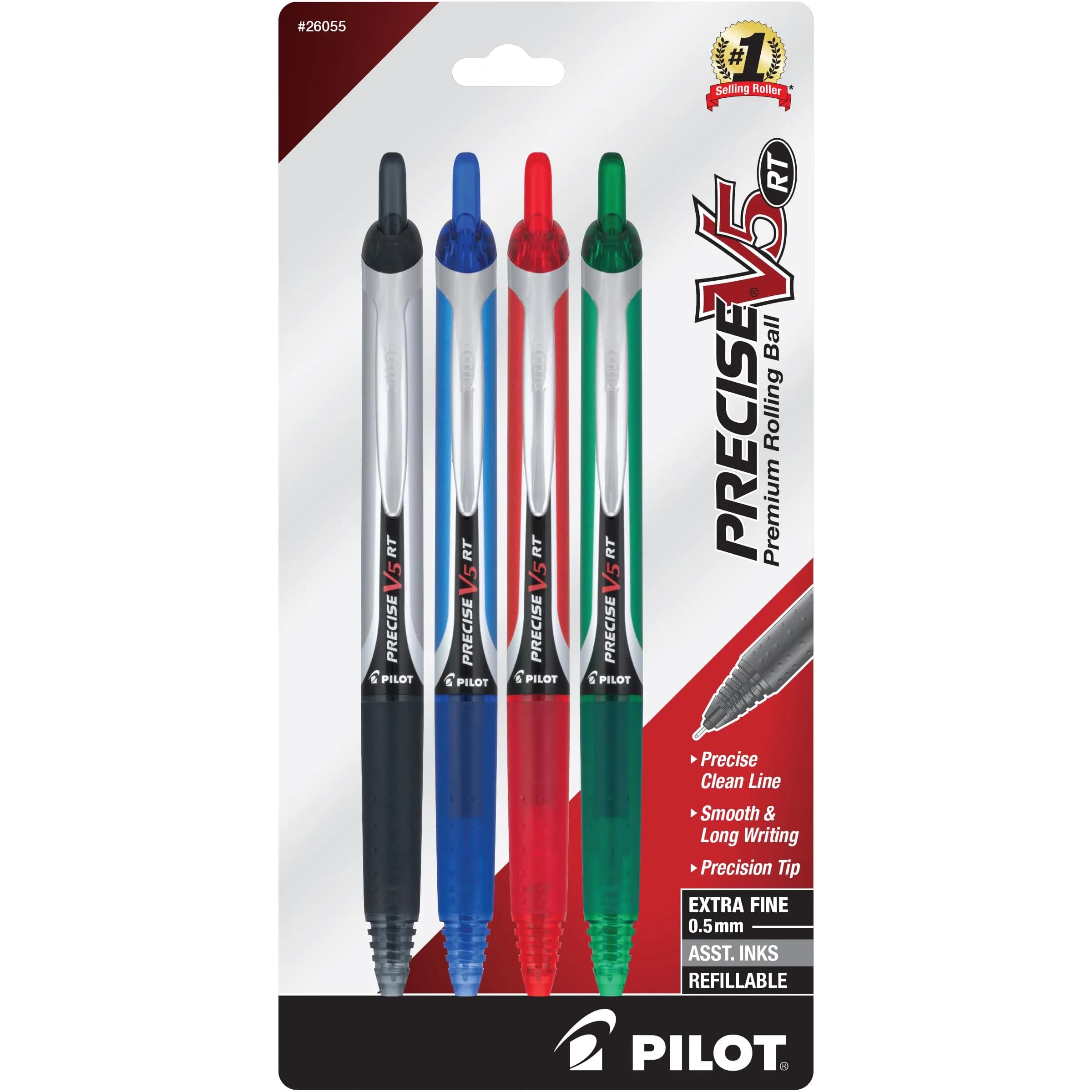 Pilot Precise V5 RT Rolling Ball Pens 0.5mm Extra Fine Point 4-Count | Smooth Ink Flow for School, Journaling & Office Writing — V5 Retractable