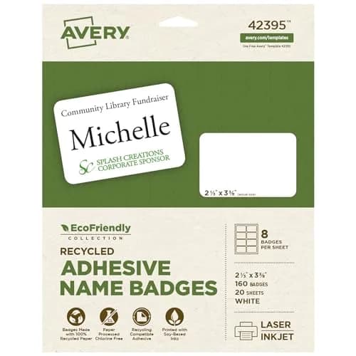 Avery® EcoFriendly Recycled Name Tags, 2-1/3" x 3-3/8", White, 160 Printable Name Badges | Made with 100% Post-Consumer Recycled Paper thumbnail 1