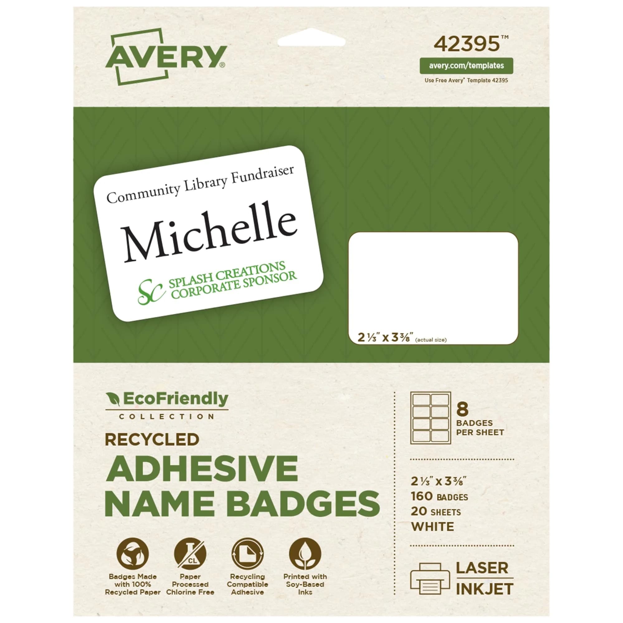 Avery EcoFriendly Recycled Name Tags 2-1/3" x 3-3/8" White Removable Adhesive 80 Printable Name Badges | Made with 100% Post-Consumer Recycled Paper — White