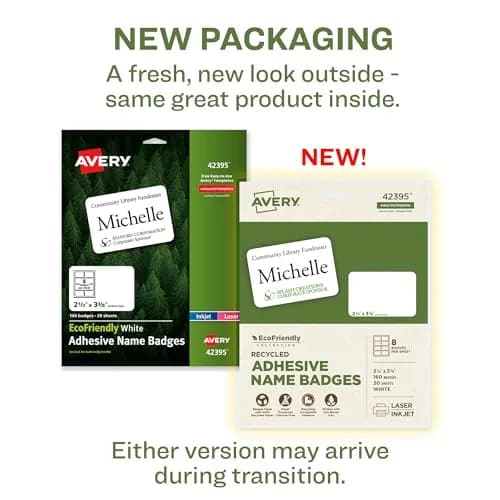 Avery® EcoFriendly Recycled Name Tags, 2-1/3" x 3-3/8", White, 160 Printable Name Badges | Made with 100% Post-Consumer Recycled Paper thumbnail 2