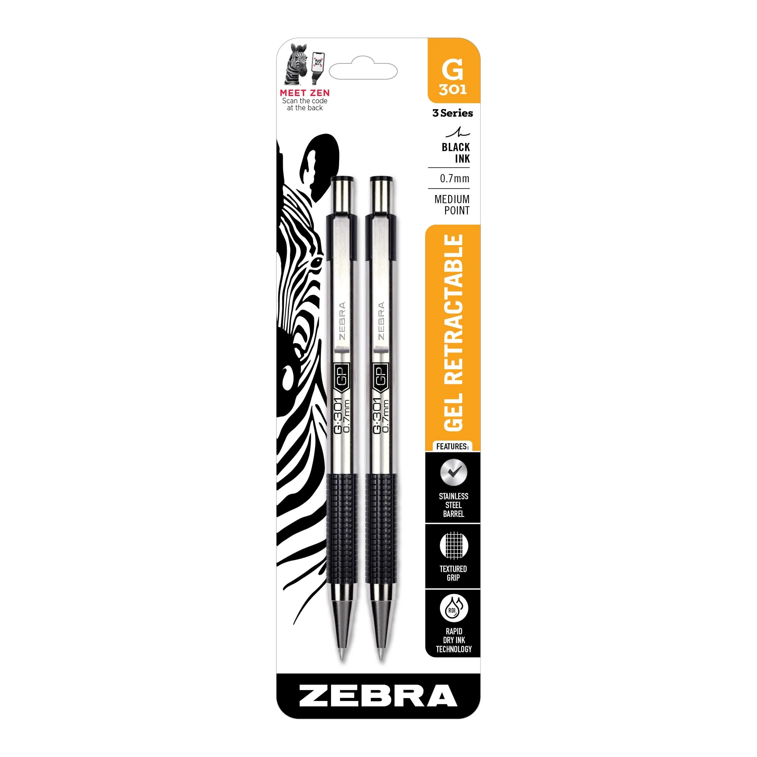 Zebra Pen STEEL G-301 Retractable Gel Pen, Black Ink, 0.7mm, 2-Pack | Smooth Ink Flow for Professionals