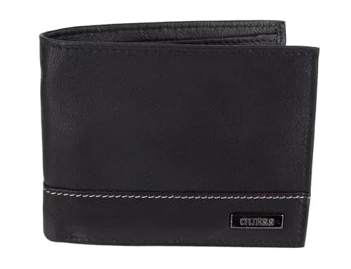 GUESS Men's Black/White Full-Grain Leather Passcase Wallet | RFID Blocking, 6 Card Slots, ID Window thumbnail 1