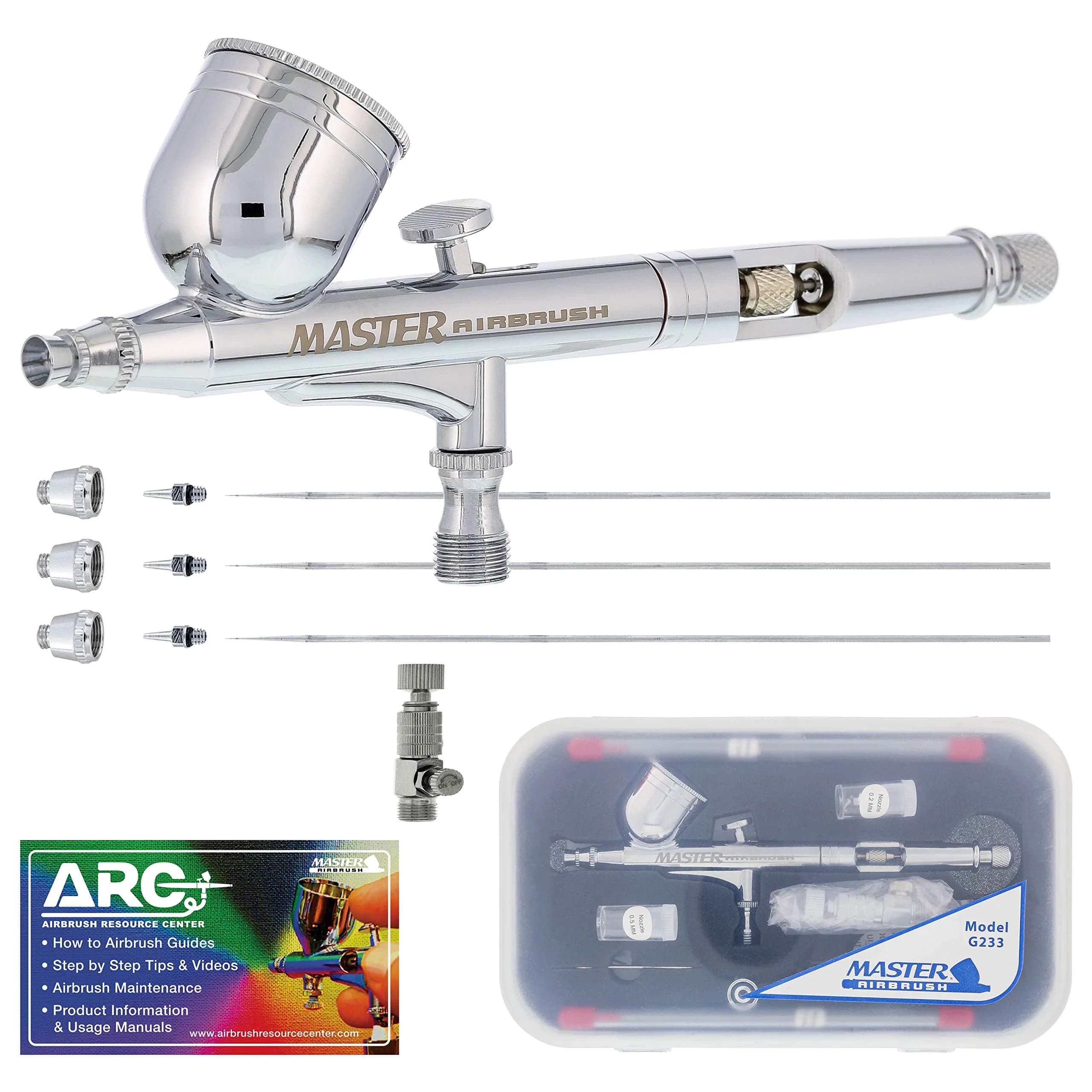 Master Airbrush G233 Performance Pro Airbrush Kit with 3 Nozzle Sets | Dual-Action Gravity Feed for Fine Detail & Broad Spray