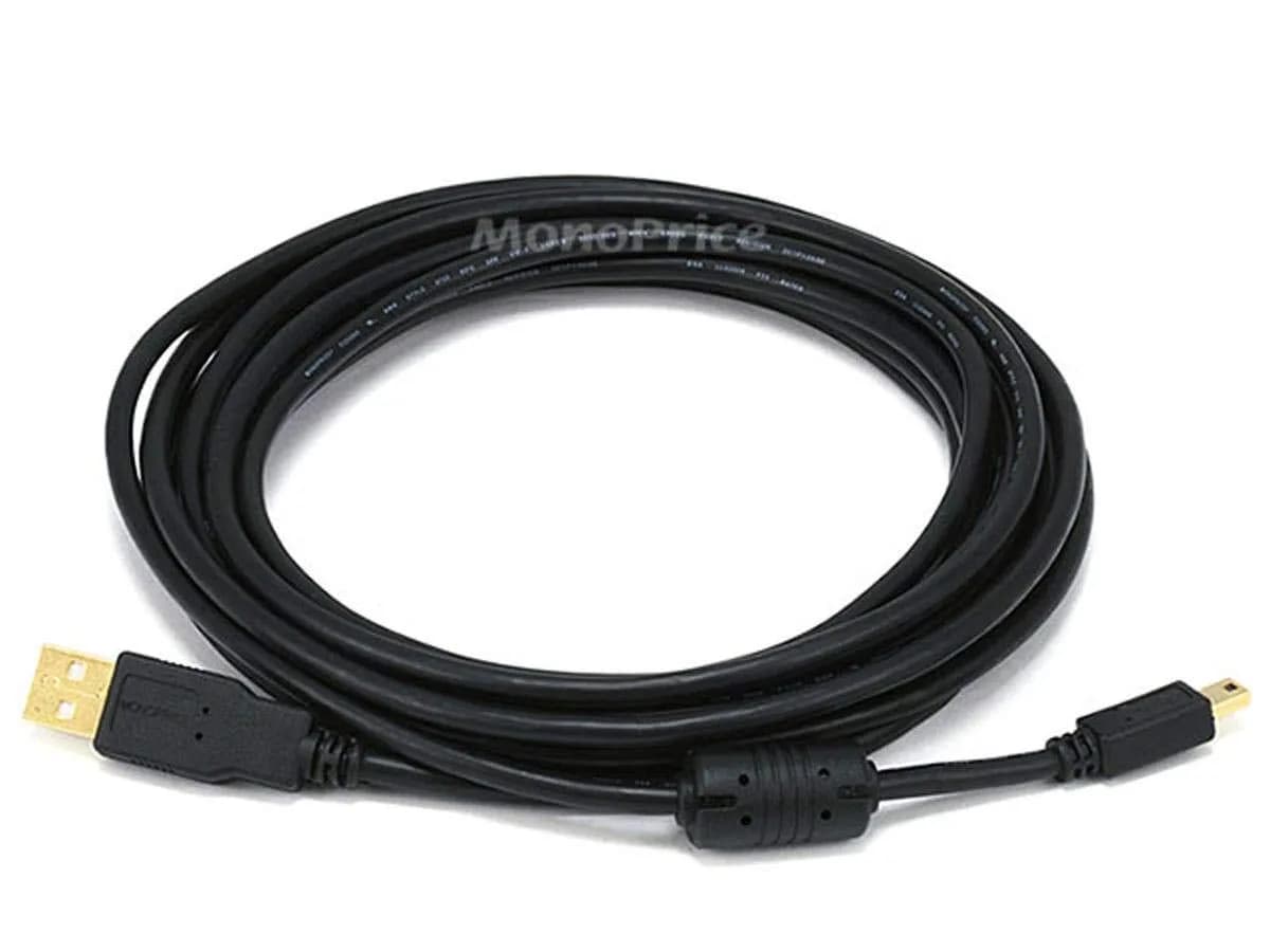 Monoprice 15-Feet USB 2.0 A Male to Mini-B 5pin Male Cable with Ferrite Core (Gold Plated) (105450) | Fully Shielded & Gold Plated Connectors - main product image