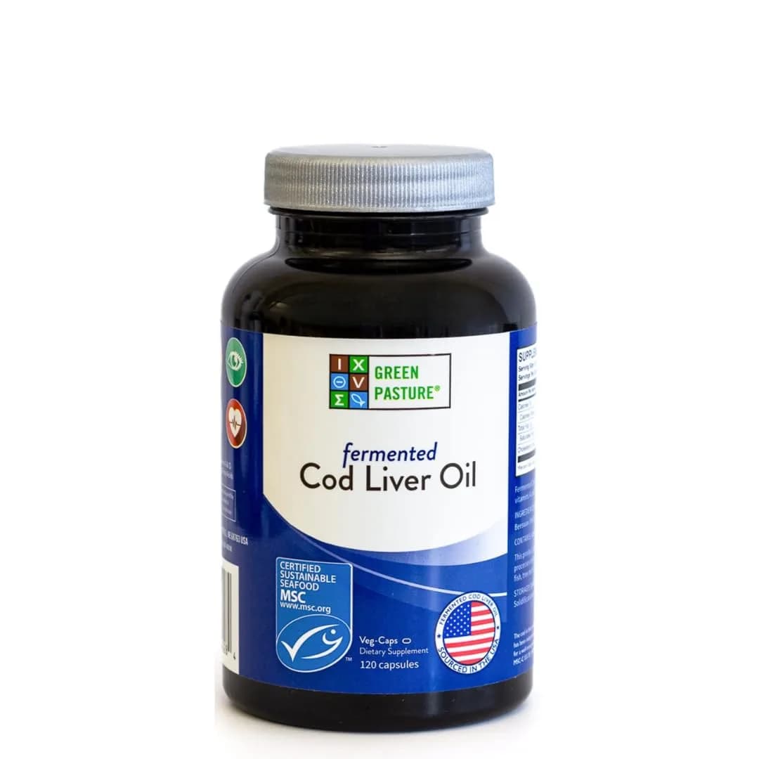 Green Pasture Fermented Cod Liver Oil Capsules - Wild Alaska Cod, Vitamins A & D, Omega-3, Non-Gelatin 120 Count | Traditional Nutrition - main product image