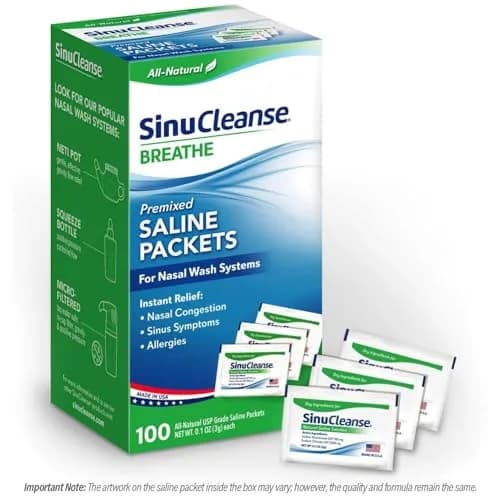 SinuCleanse 100 Pre-Mixed Saline Packets for Sinus Rinse Systems | All-Natural, Pharmaceutical Grade & PH Balanced Saline Packets for Neti Pots & Nasal Wash Systems, Made in USA thumbnail 1