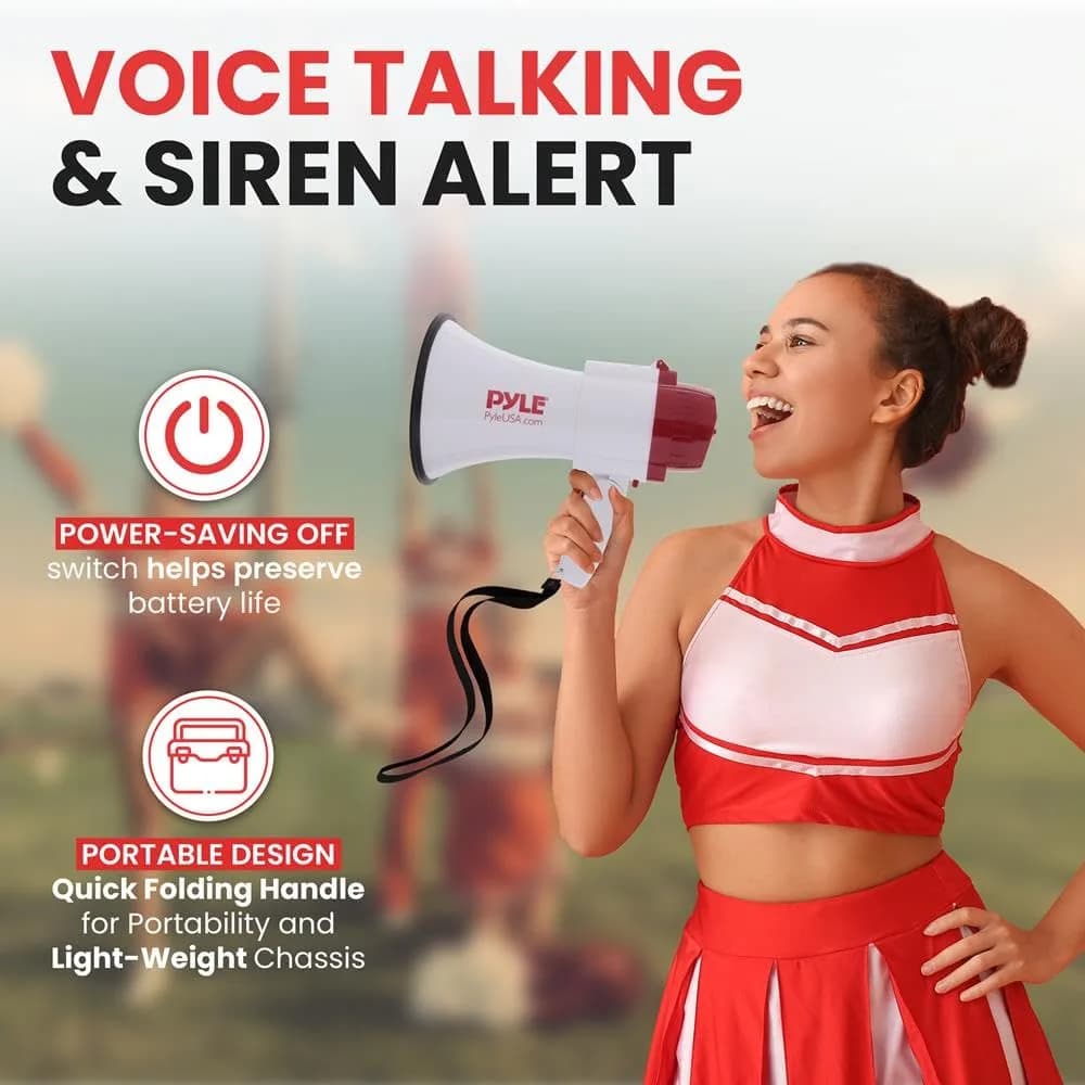 Pyle White 30W Compact Battery-Operated Megaphone with Siren & Foldable Handle thumbnail 2