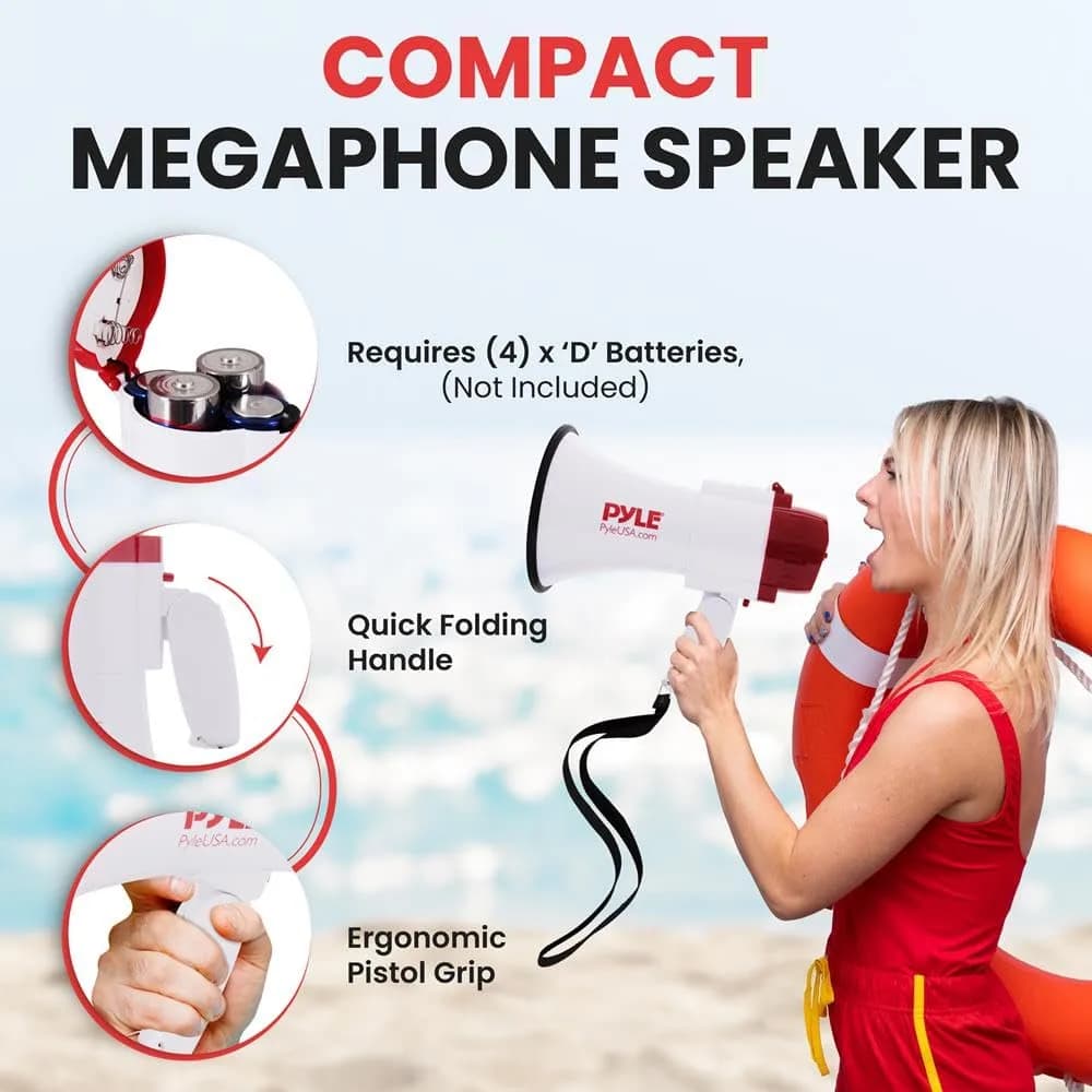 Pyle White 30W Compact Battery-Operated Megaphone with Siren & Foldable Handle thumbnail 3