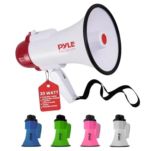 Pyle Portable Megaphone Speaker Siren Bullhorn 30W 1200 Yards Range | Voice & Siren Modes — White & Red