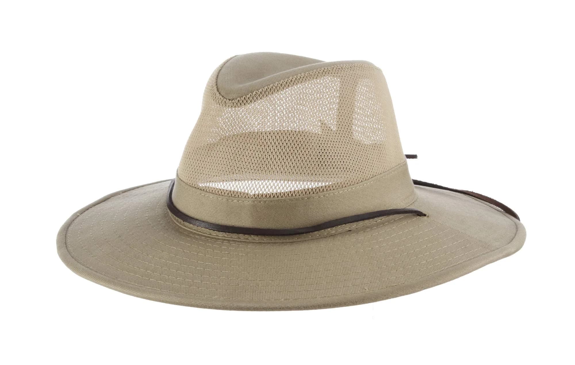 Dorfman Pacific Men's Brushed Twill-and-Mesh Safari Hat with Genuine Leather Trim Khaki | Wide Brim Sun Hat for Men