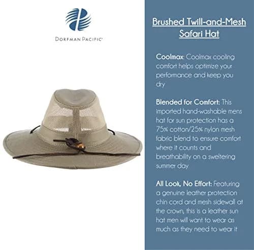 Dorfman Pacific Men's Brushed Twill-and-Mesh Safari Hat with Genuine Leather Trim Khaki | Wide Brim Sun Hat for Men thumbnail 5