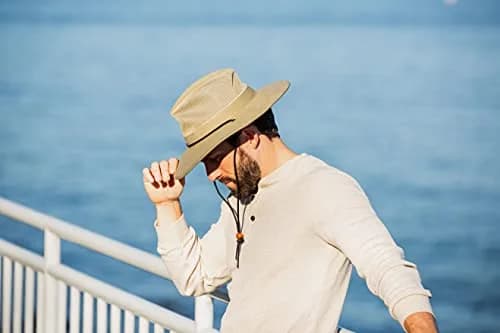 Dorfman Pacific Men's Brushed Twill-and-Mesh Safari Hat with Genuine Leather Trim Khaki | Wide Brim Sun Hat for Men thumbnail 7