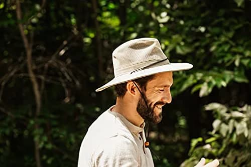 Dorfman Pacific Men's Brushed Twill-and-Mesh Safari Hat with Genuine Leather Trim Khaki | Wide Brim Sun Hat for Men thumbnail 8