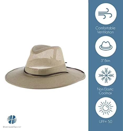 Dorfman Pacific Men's Brushed Twill-and-Mesh Safari Hat with Genuine Leather Trim Khaki | Wide Brim Sun Hat for Men thumbnail 2