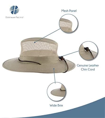 Dorfman Pacific Men's Brushed Twill-and-Mesh Safari Hat with Genuine Leather Trim Khaki | Wide Brim Sun Hat for Men thumbnail 3