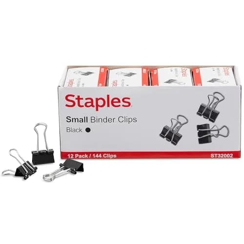 STAPLES Small Binder Clips 0.38" Capacity, Black, 144 Pack | Tempered Steel Construction for Documents & Office Use thumbnail 1