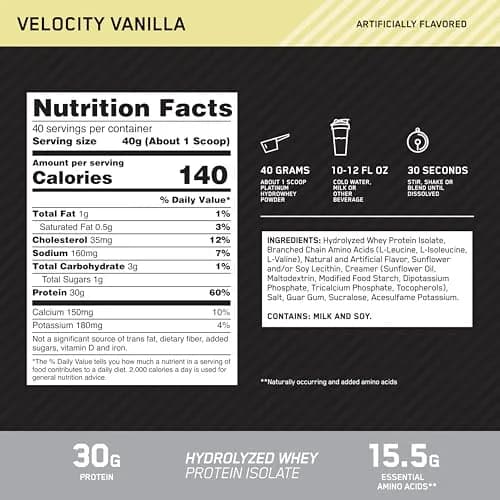 Optimum Nutrition Platinum Hydrowhey Protein Powder, Velocity Vanilla, 1.81 kg (4 LB) | Hydrolyzed Whey Protein Isolate thumbnail 3
