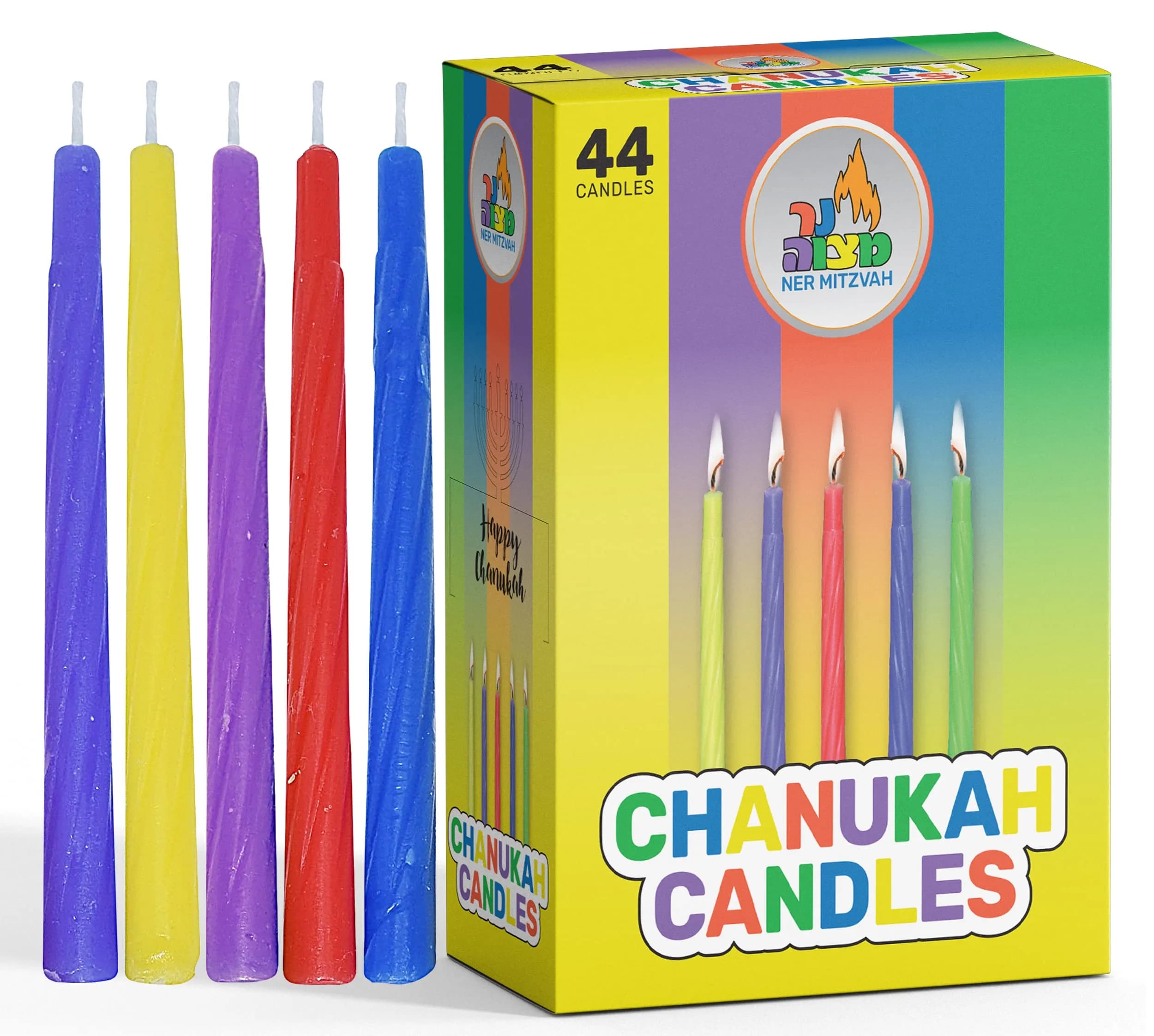 Ner Mitzvah Colorful Chanukah Candles 1-Pack - Standard Size Fits Most Menorahs - Premium Quality Wax - Assorted Colors - Bulk Pack for All 8 Nights of Hanukkah - main product image