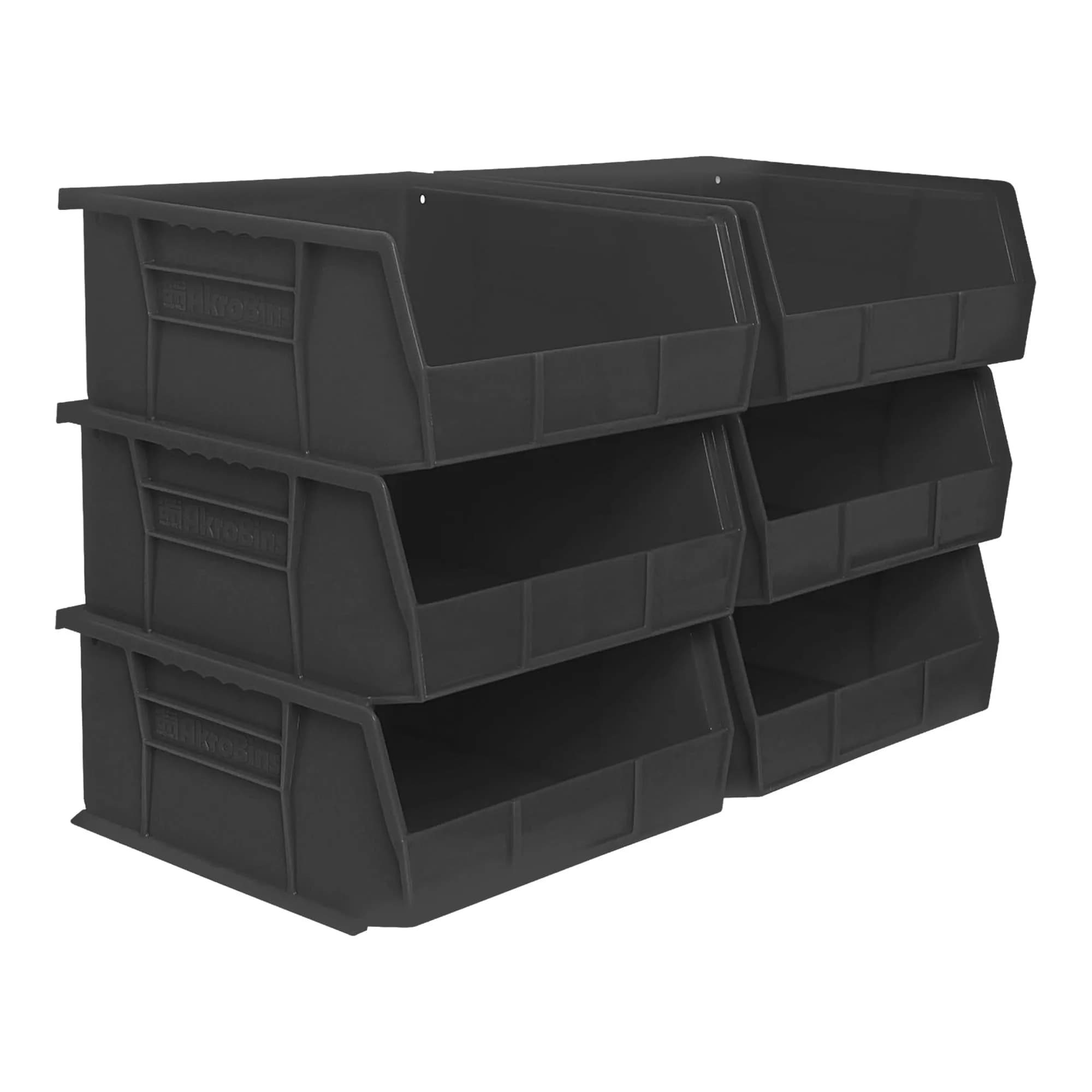 Akro-Mils 30235 AkroBins Plastic Storage Bins 11"x11"x5" Stone 6-Pack | Heavy Duty Stackable Organizer for Home & Garage — Black