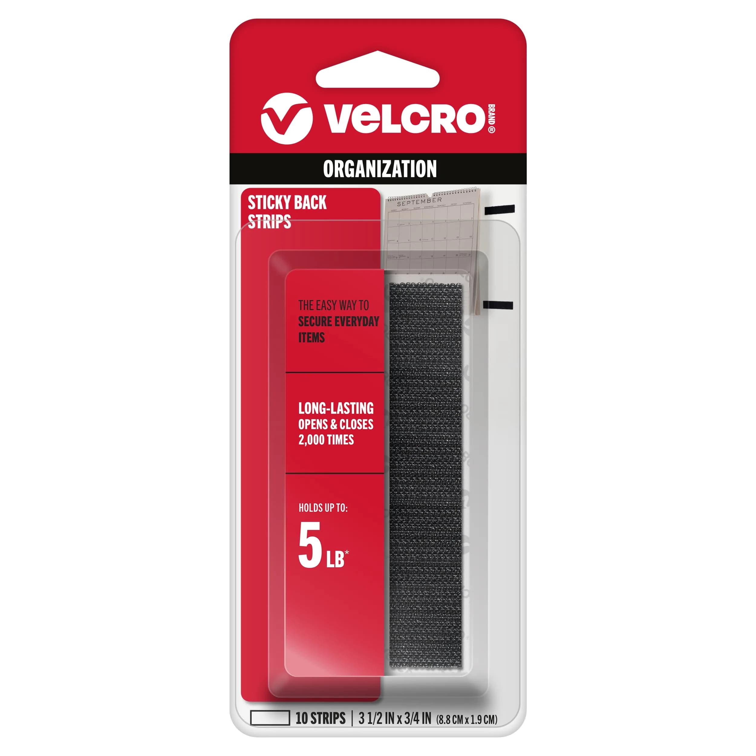 VELCRO Brand Sticky Back Tape Strips with Adhesive, Black 1.9cm (3/4 In) x 8.9cm (3 1/2 In) | Hook and Loop Fasteners for Home Organization, Classroom or Office (10 Strips) - main product image