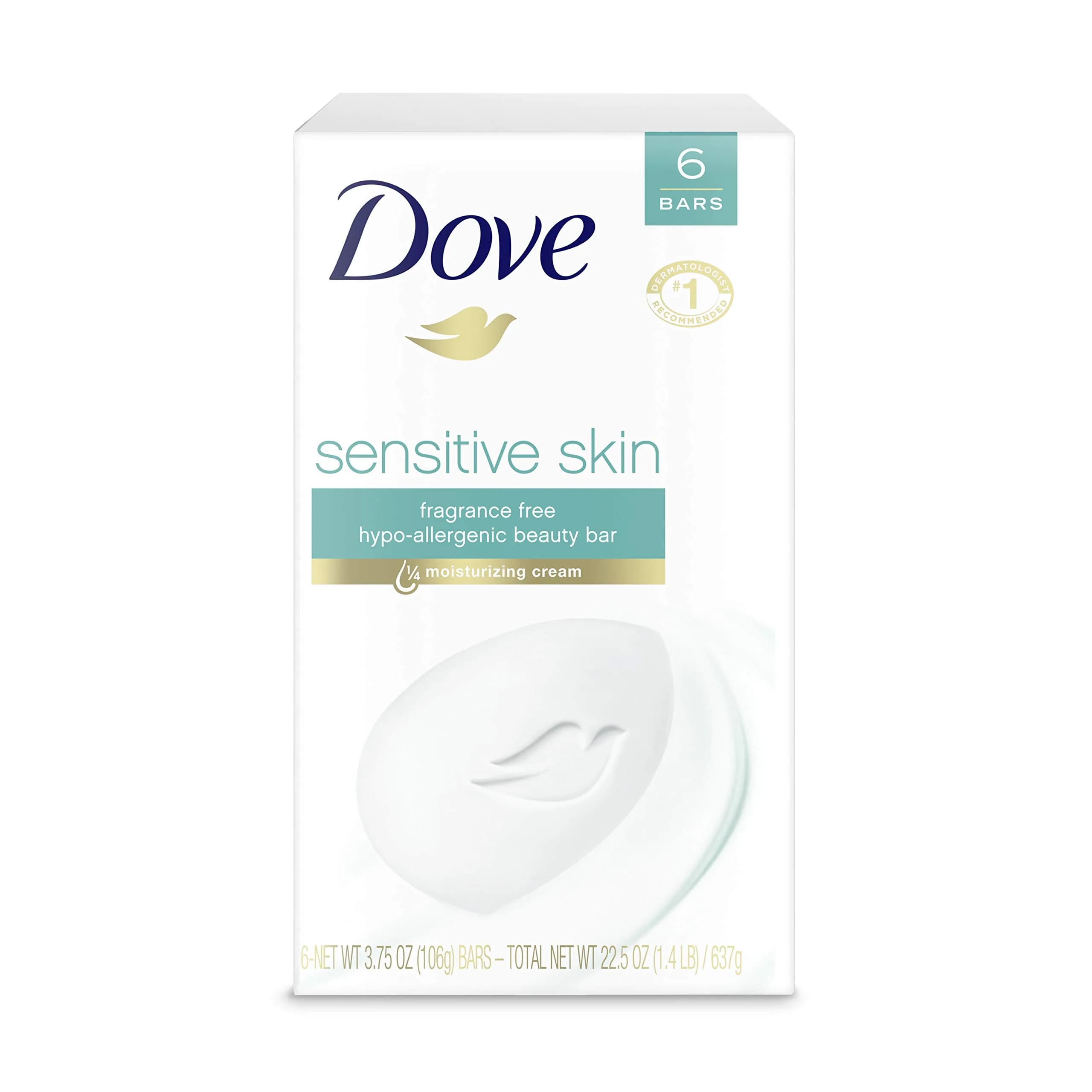 Dove Sensitive Skin Beauty Bar Soap 8 Bars, 3.75 oz Each | Fragrance-Free, Hypoallergenic, Dermatologist Recommended — Pack of 6