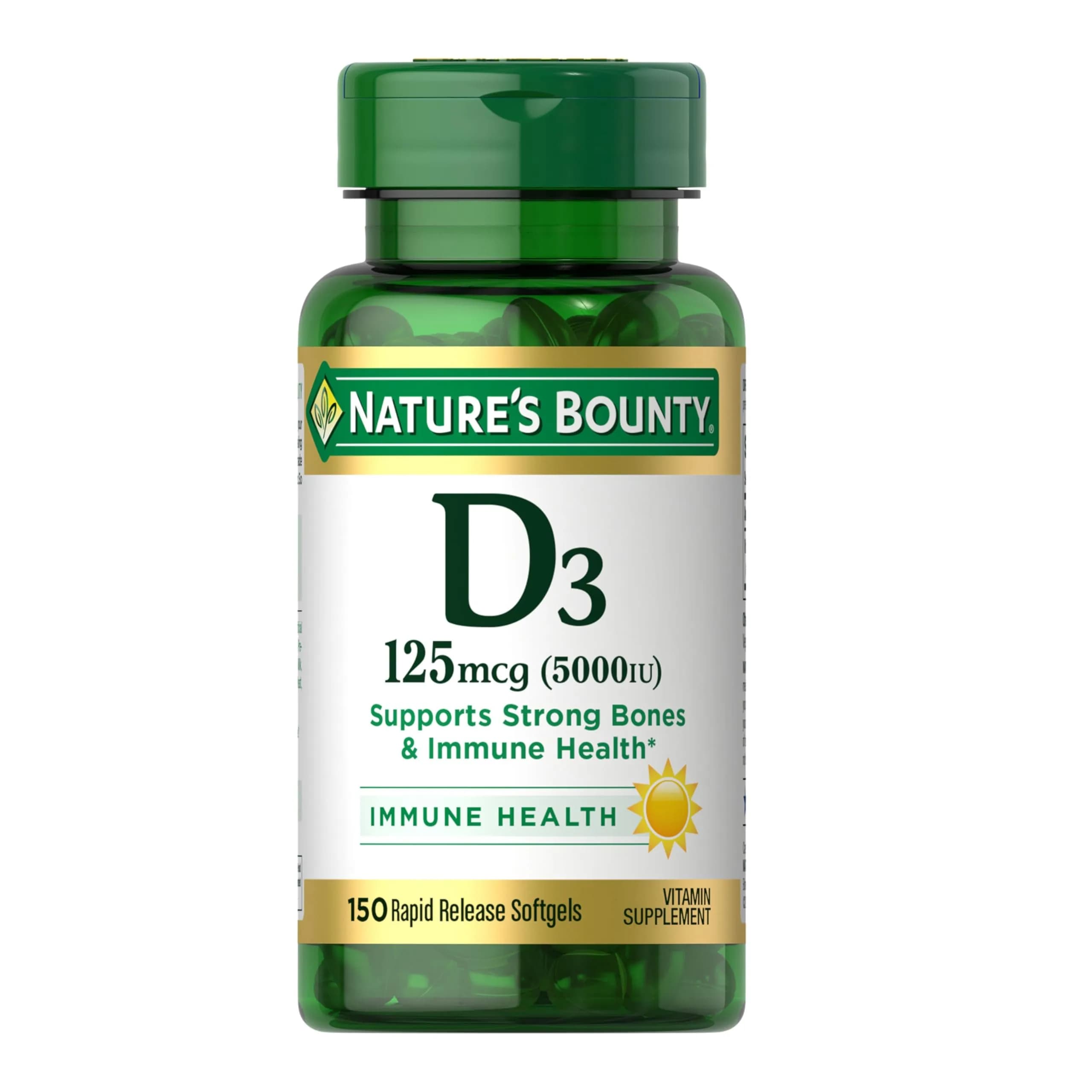 Nature's Bounty Vitamin D3 5000 IU Softgels | Rapid Release, 150 Count for Immune & Bone Support - main product image