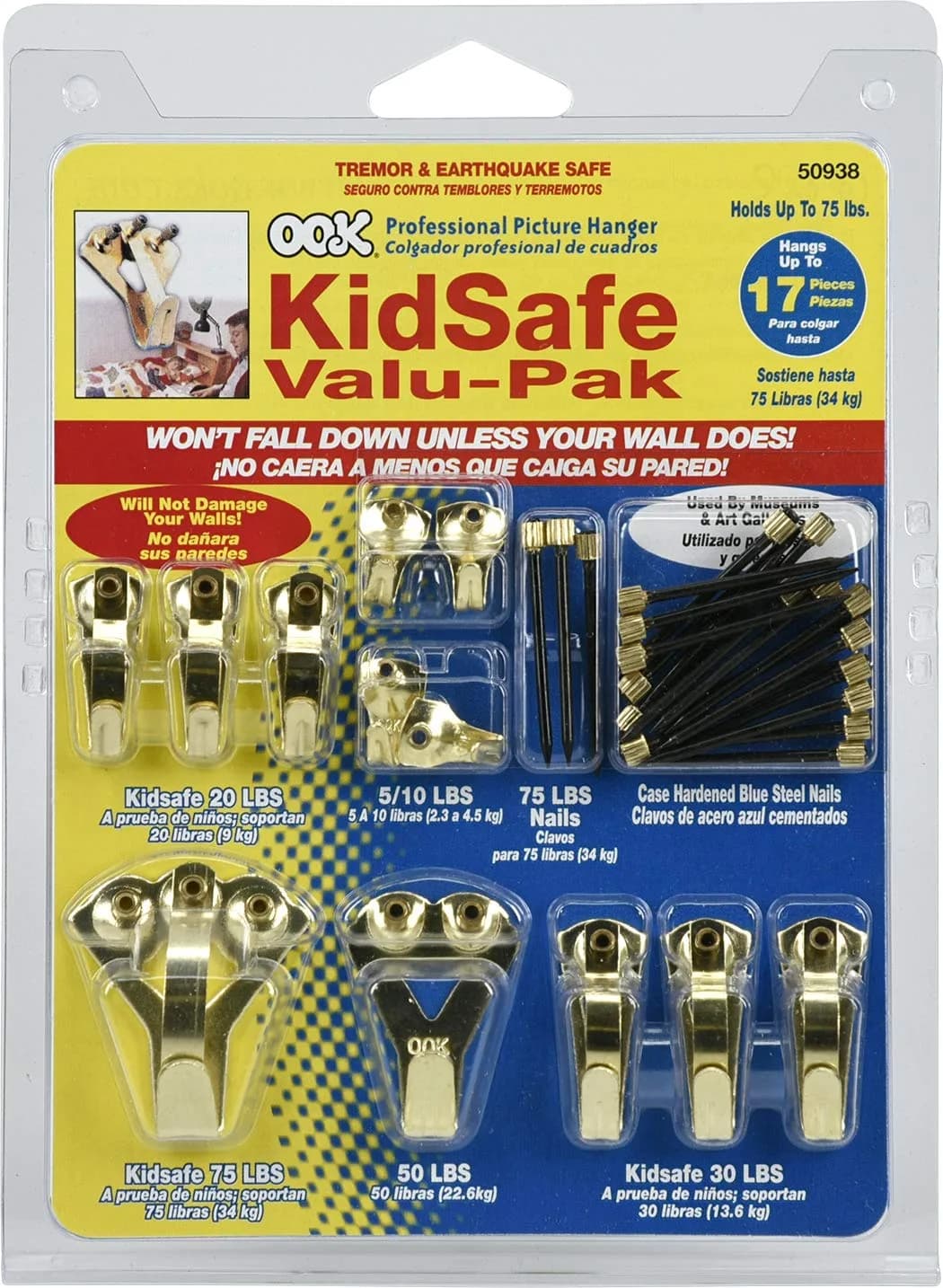 OOK Picture Hangers Value Pack 17-Piece Set | Brass Finish, 10-75lb Capacity Hooks — Brass