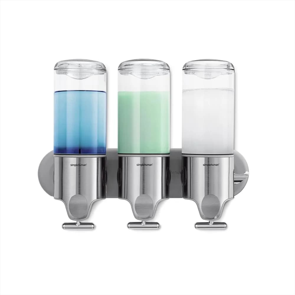 simplehuman Triple Wall Mount Pumps, Hotel-Grade Refillable 3-Chamber Shower Dispenser, Stainless Steel | Precise, No-Drill Install - main product image