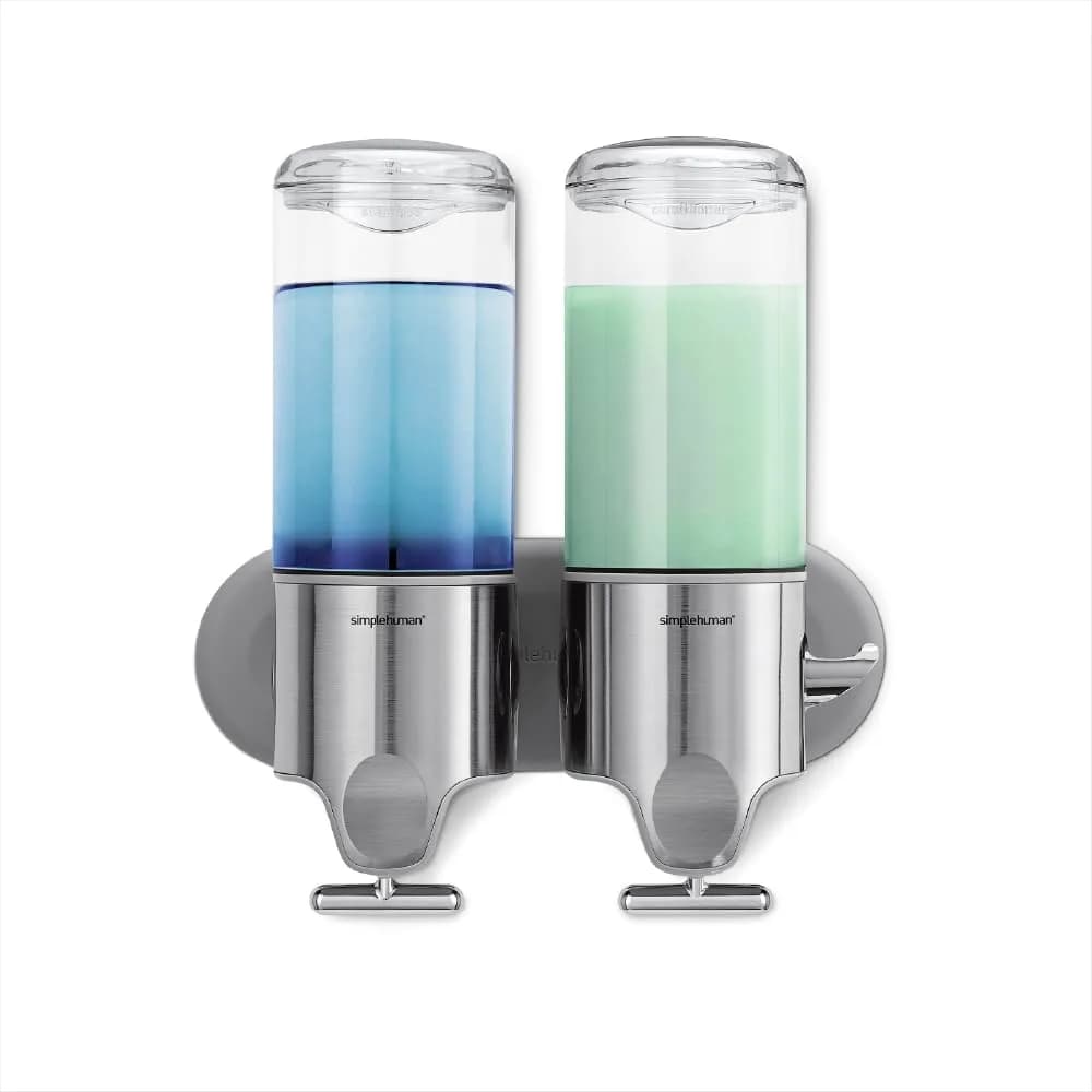 simplehuman Triple Wall Mount Pumps, Hotel-Grade Refillable 3-Chamber Shower Dispenser, Stainless Steel | Precise, No-Drill Install — Stainless Steel