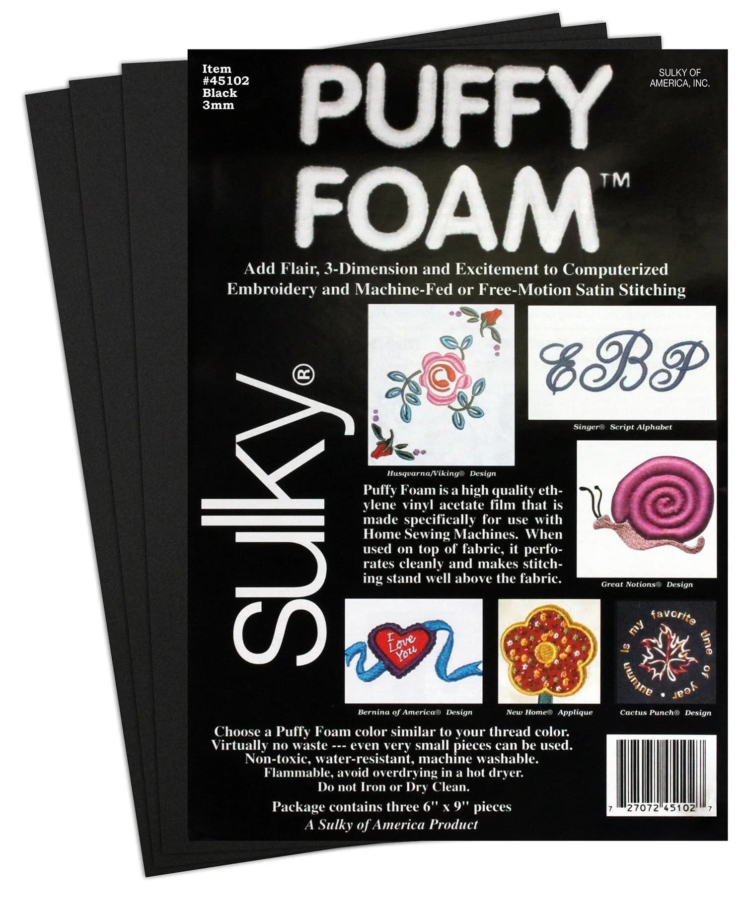 Sulky Puffy Foam 3mm 6"x9" Black | Ideal for Craft Projects & Embroidery Support